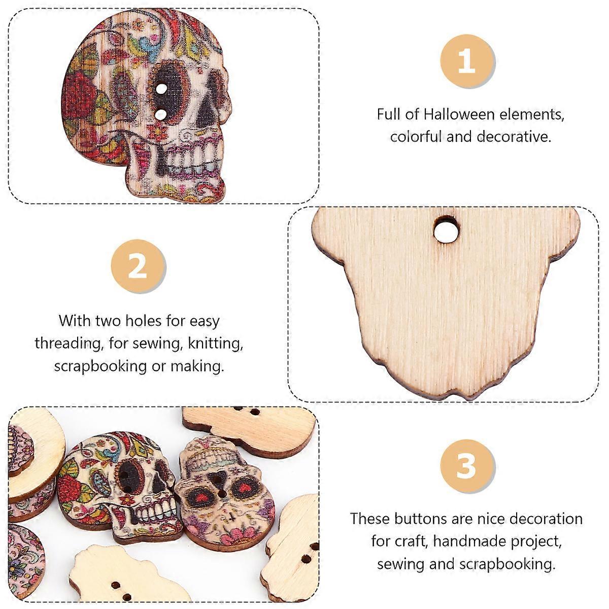 48pcs Natural Wooden Skull Button Handmade DIY Painted Buttons Clothing Accessories (Colorful, Assorted Pattern)