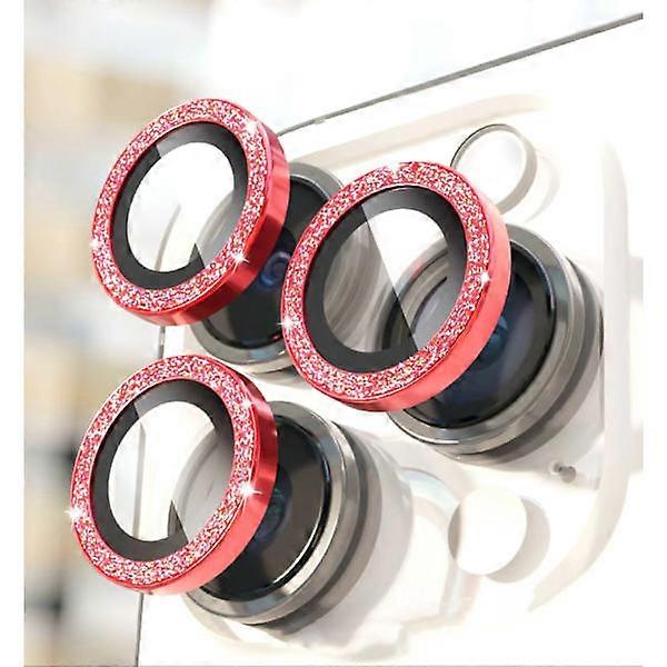 3pcs Glitter Camera Lens Protector Compatible with iPhone 15 14 13 12 11 Pro Max Plus, Tempered Glass Flash Red