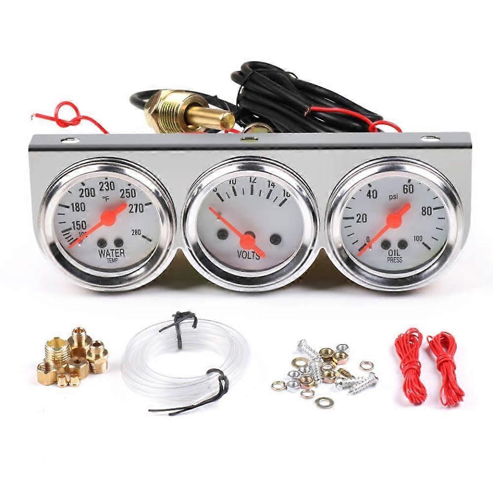 Car Triple Gauge Set 52mm for Oil Pressure Voltage Water Temp with Chrome Bezel Universal Fit