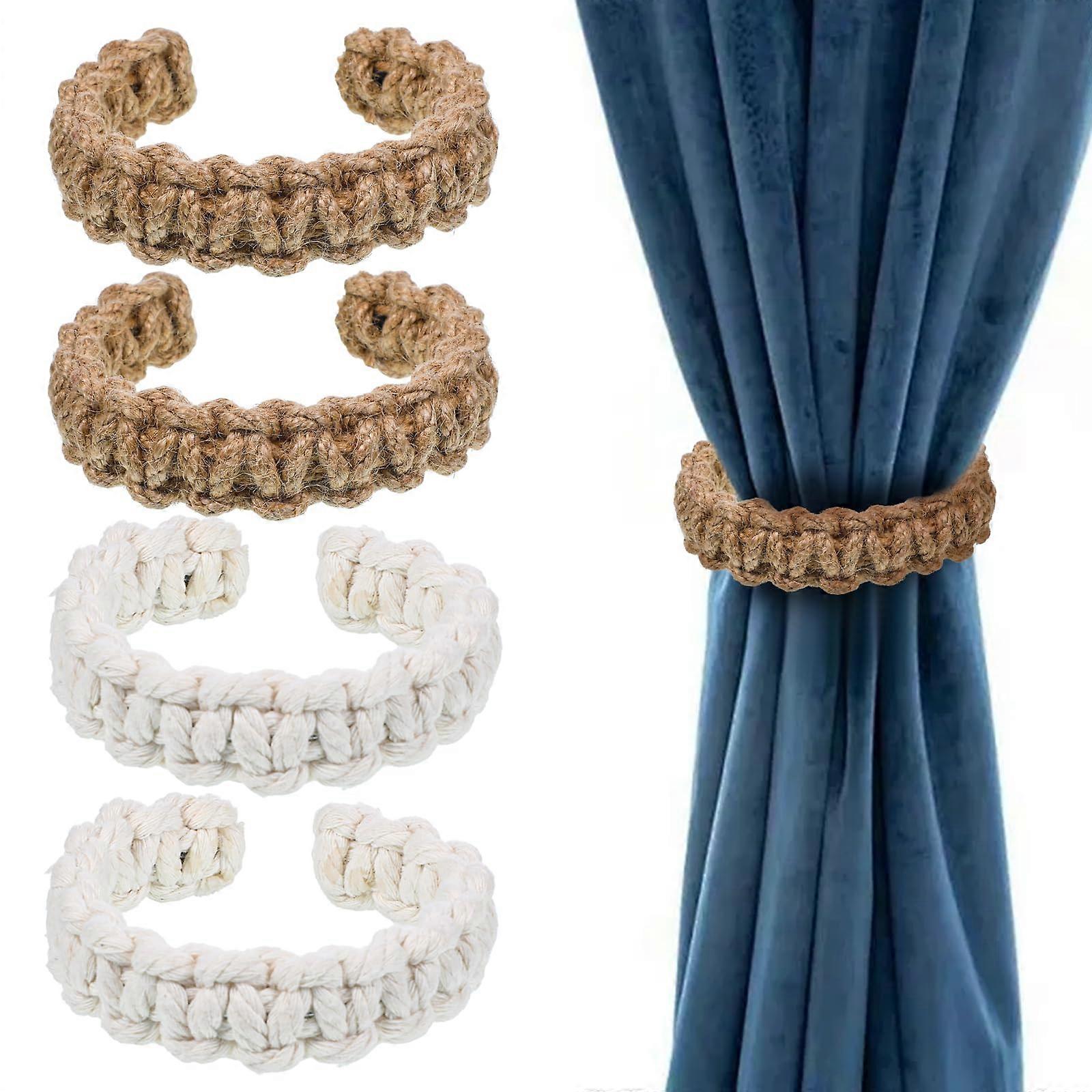 4 PCS Braided Boho Curtain Tiebacks Set, Handmade Rustic Holdbacks for Light Drapes, Brown and White