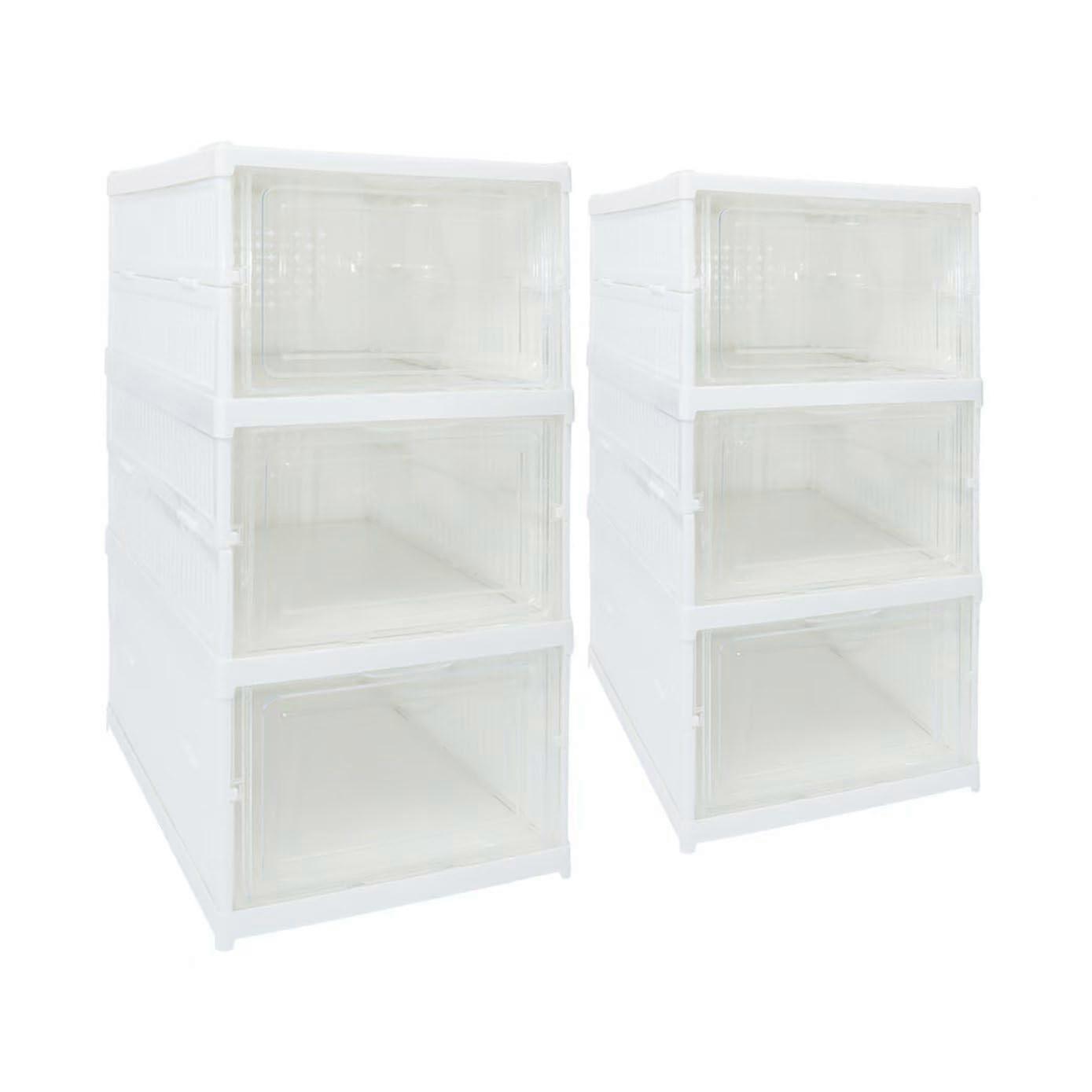 2 Pack Foldable Shoe Storage Box with Clear Door, 3Tier Stackable Plastic Organizer for Closet