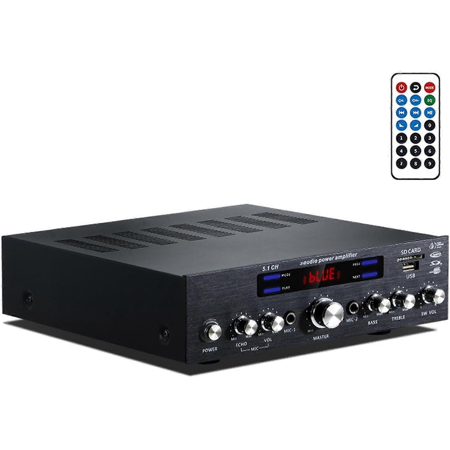 5.1 Bluetooth Amplifier, 1500W HiFi Stereo With LCD Display, USB/SD Playback, Reverb, Remote, Home Theater/Studio Use