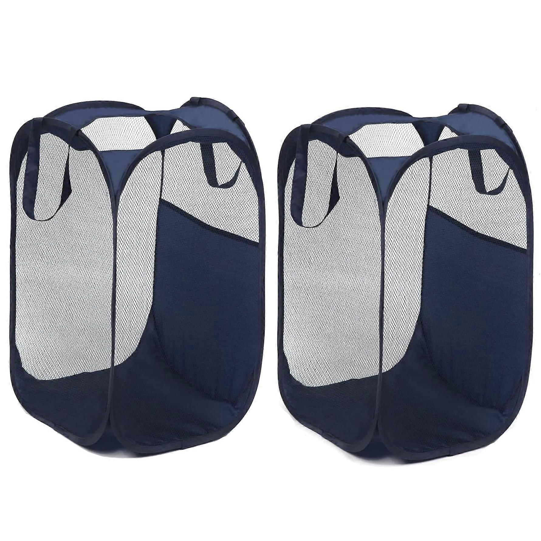 2Pack Collapsible Laundry Hampers with Reinforced Handles, Large Foldable Mesh Dirty Clothes Baskets with Side Pocket for Home Dorm Navy Blue