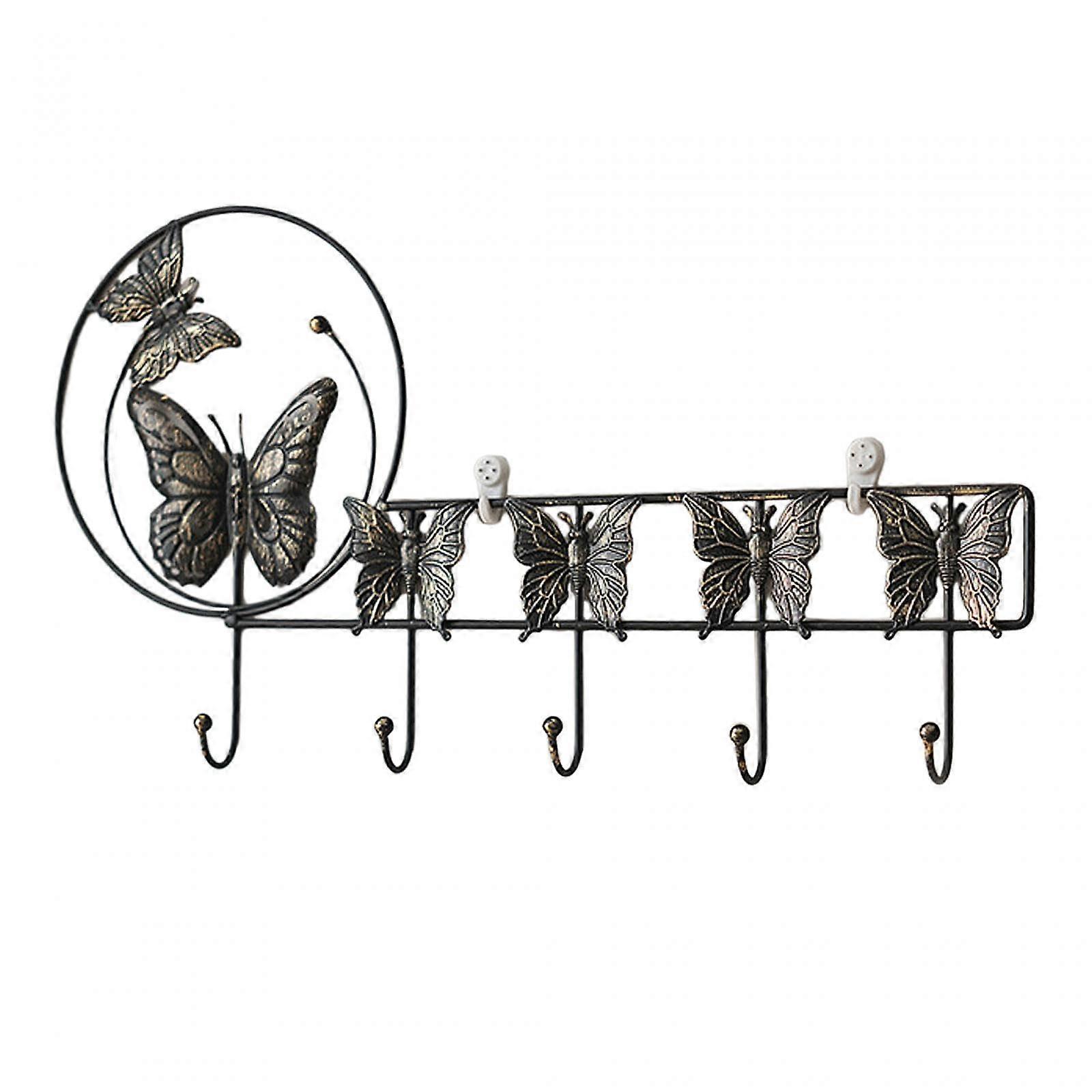 Rustic Wall Mounted Coat Rack with Hooks and Butterfly Design Key Holder for Entryway