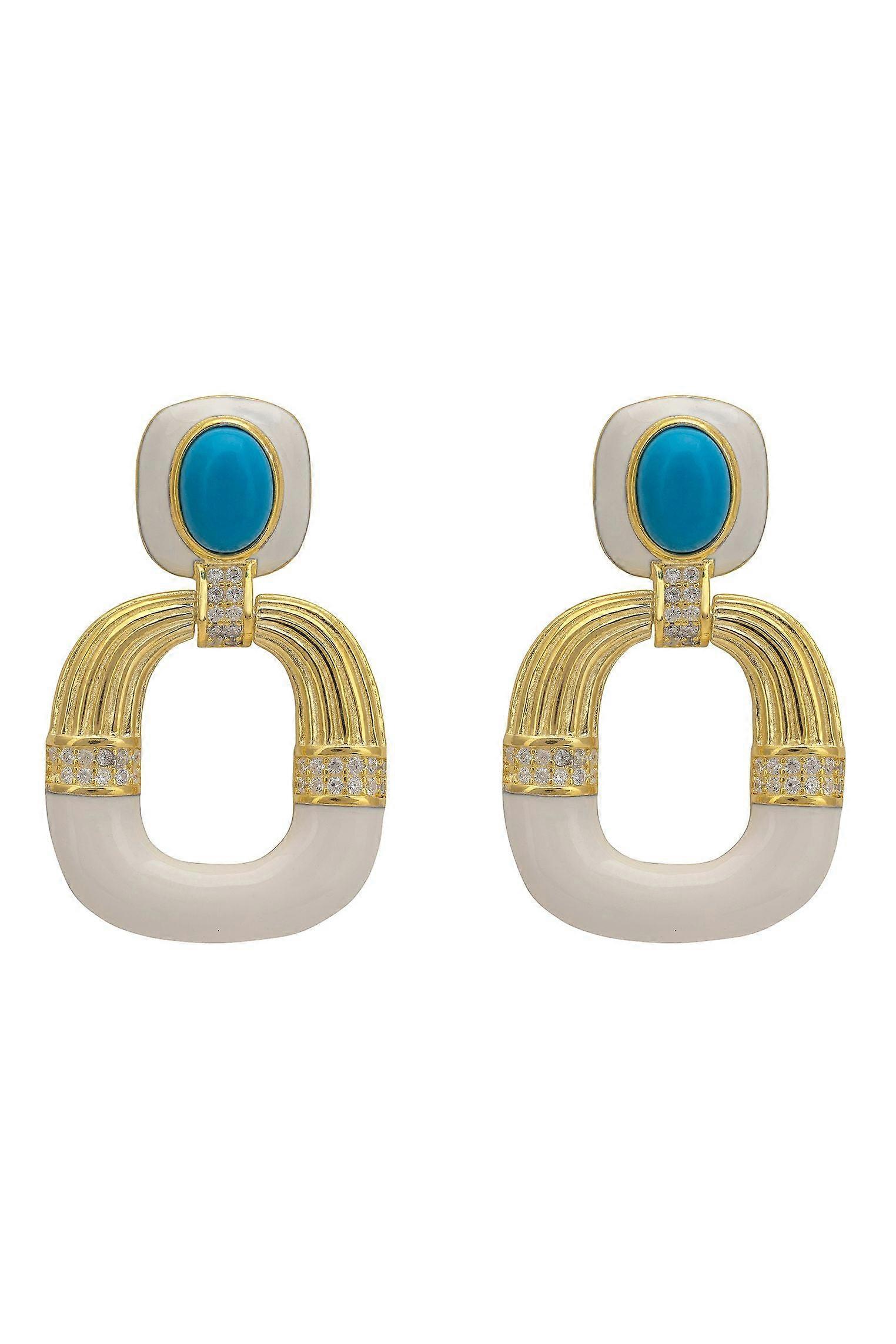 Deco Darling Drop Earrings Turquoise And White Enamel Gold