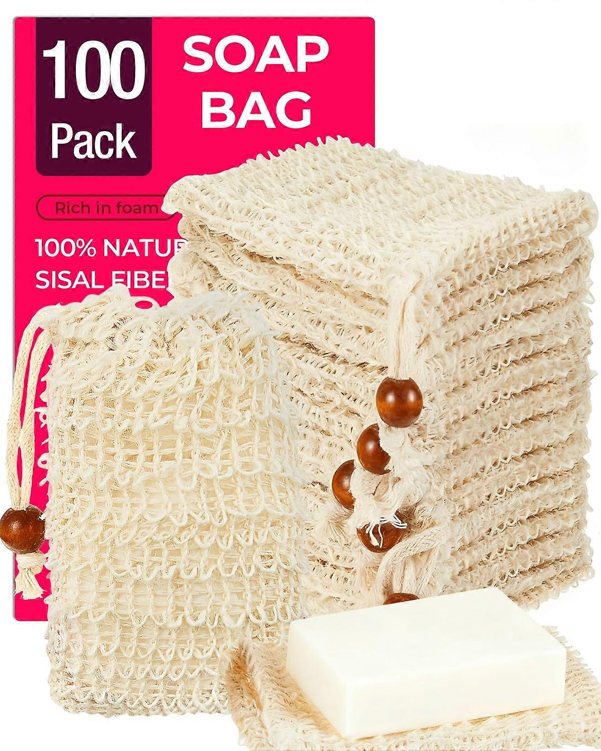 100 Pcs Natural Sisal Soap Saver Bags with Drawstring for Gentle Exfoliating Bar Soap Shower