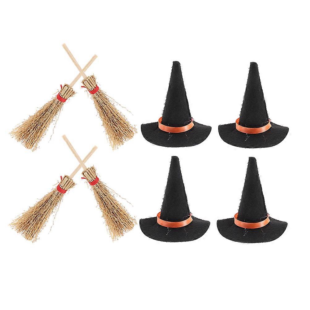 Tiny Witch Hat Broom for Decor 8Pcs Hats and Brooms Set