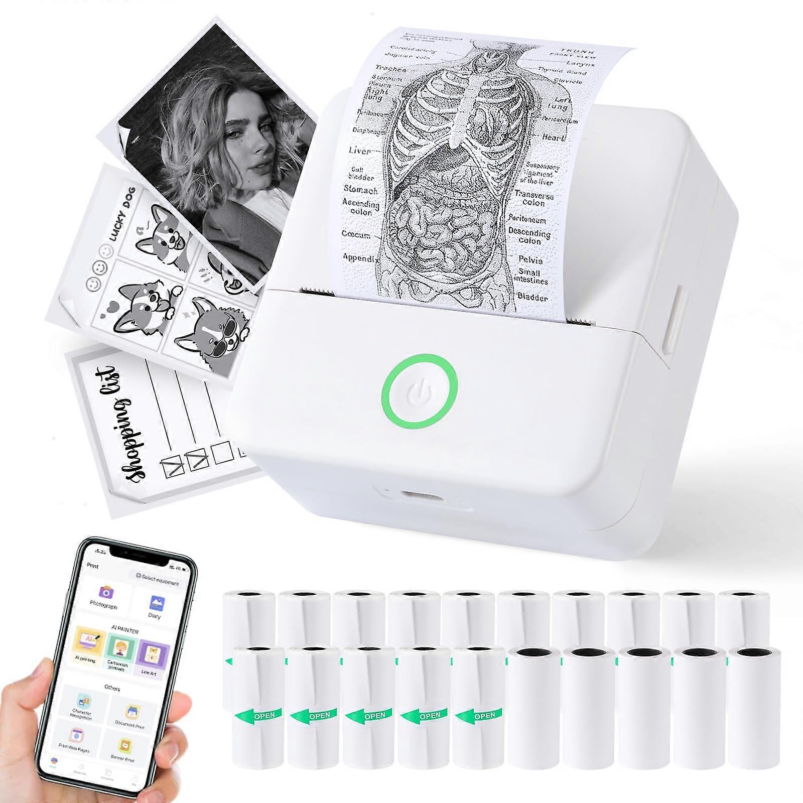 Mini Thermal Printer with 20 Rolls, Bluetooth Inkless Sticker Maker for Phone, Notes, Journal, DIY