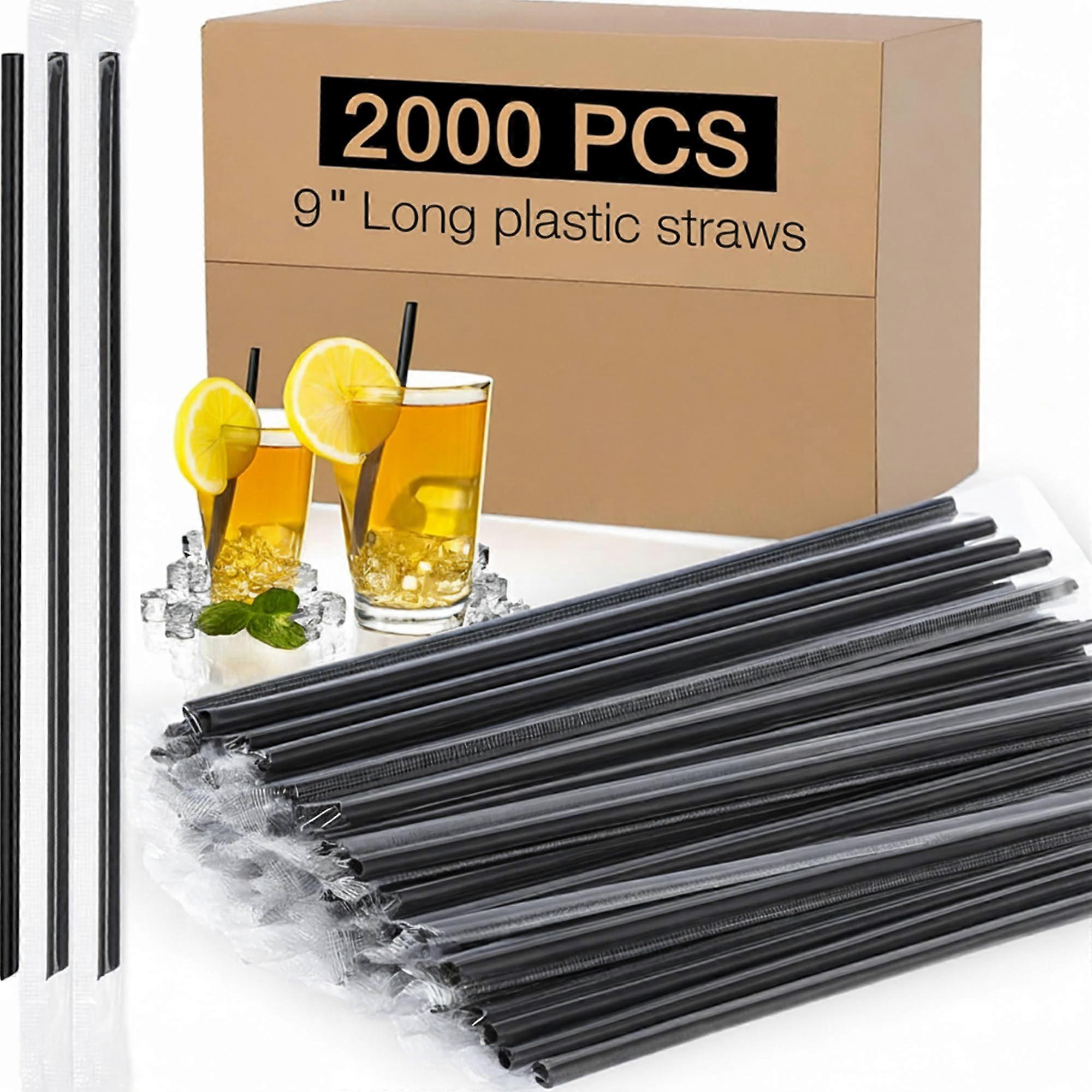 2000 Pack Individually Wrapped Plastic Drinking Straws 9 Inch Black BPA  for Hot and Cold Drinks