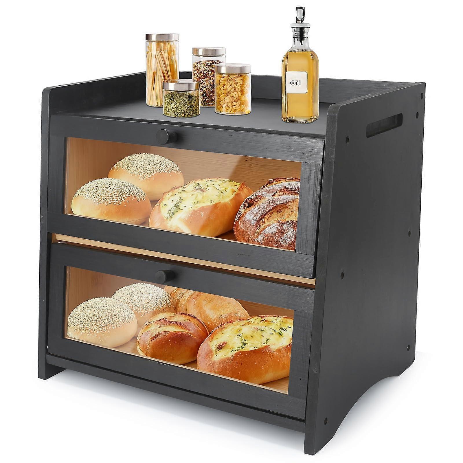 Large Bamboo Bread Box with Magnetic Lock, Clear Window, Double Layer Farmhouse Countertop Bin