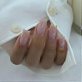 24 Pcs Gold Marble Press on Nails Medium Long Square Acrylic False Nails Set for Instant Salon Manicure