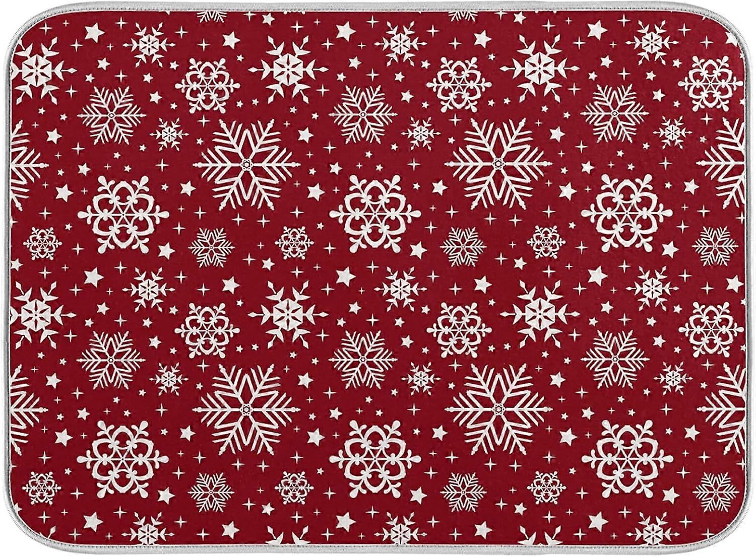 Snowflake Pattern Red Dish Drying Mat Kitchen Microfiber Drying Mat 16X18 in Absorbent Reversible