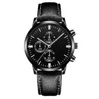Men's Watch Black Leather Band Quartz Anolog Automatic Casual Wristwatch-HY