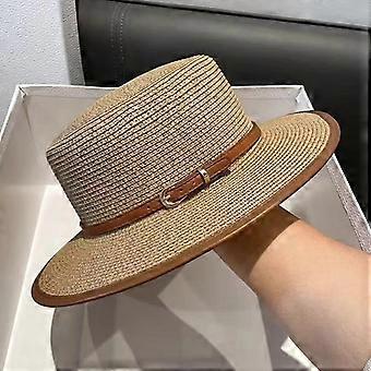 British Style Flat Top Fashion PU Leather Belt Buckle Straw Hat Female Casual Boater Straw Woven Sun Hat