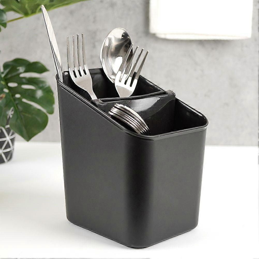 Black plastic container with two compartments for cutlery storage