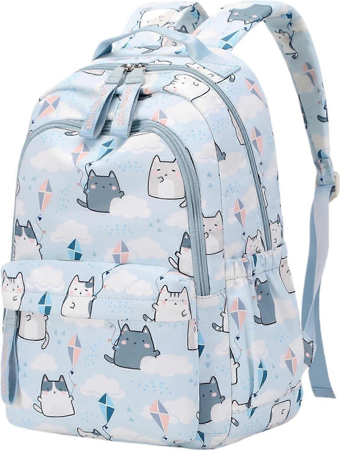 Girls Cat Backpack in Light Blue, Elementary School Backpack with Kitty Pattern