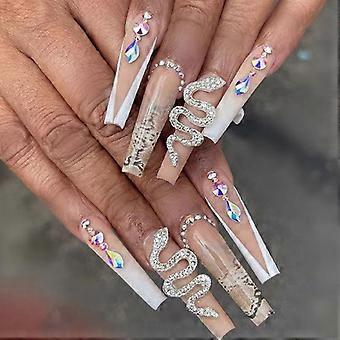 Unhas Postiças Longas Gradientes de Cobra Prateada Diamante Brilhante (24 peças), Unhas Falsas Longas Diamante Brilhantes Unhas Adesivas Acrílicas 24 peças para mulheres e meninas