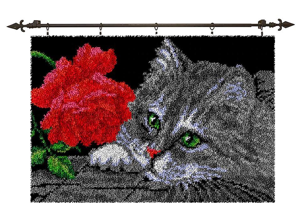 Rug Making Latch Hooking Kit | Cat With Rose (85x58cm)