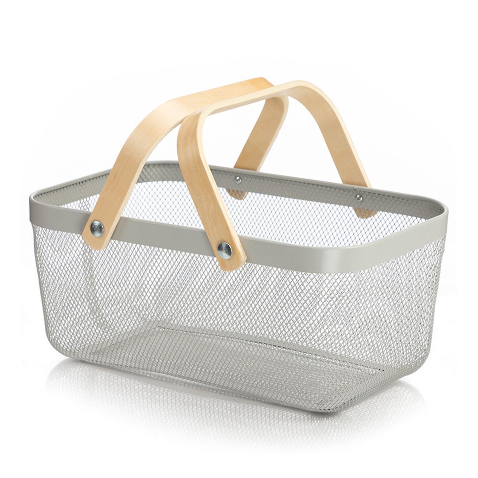 Metal Rectangular Shopping Basket Small Basket Vegetable and Fruit Wooden Handle
