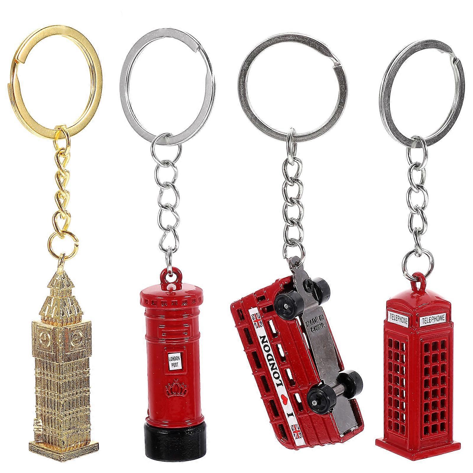 4pcs British Element Key Chain Stylish Alloy Keychain Pendant Unisex Bag Hanging Charm