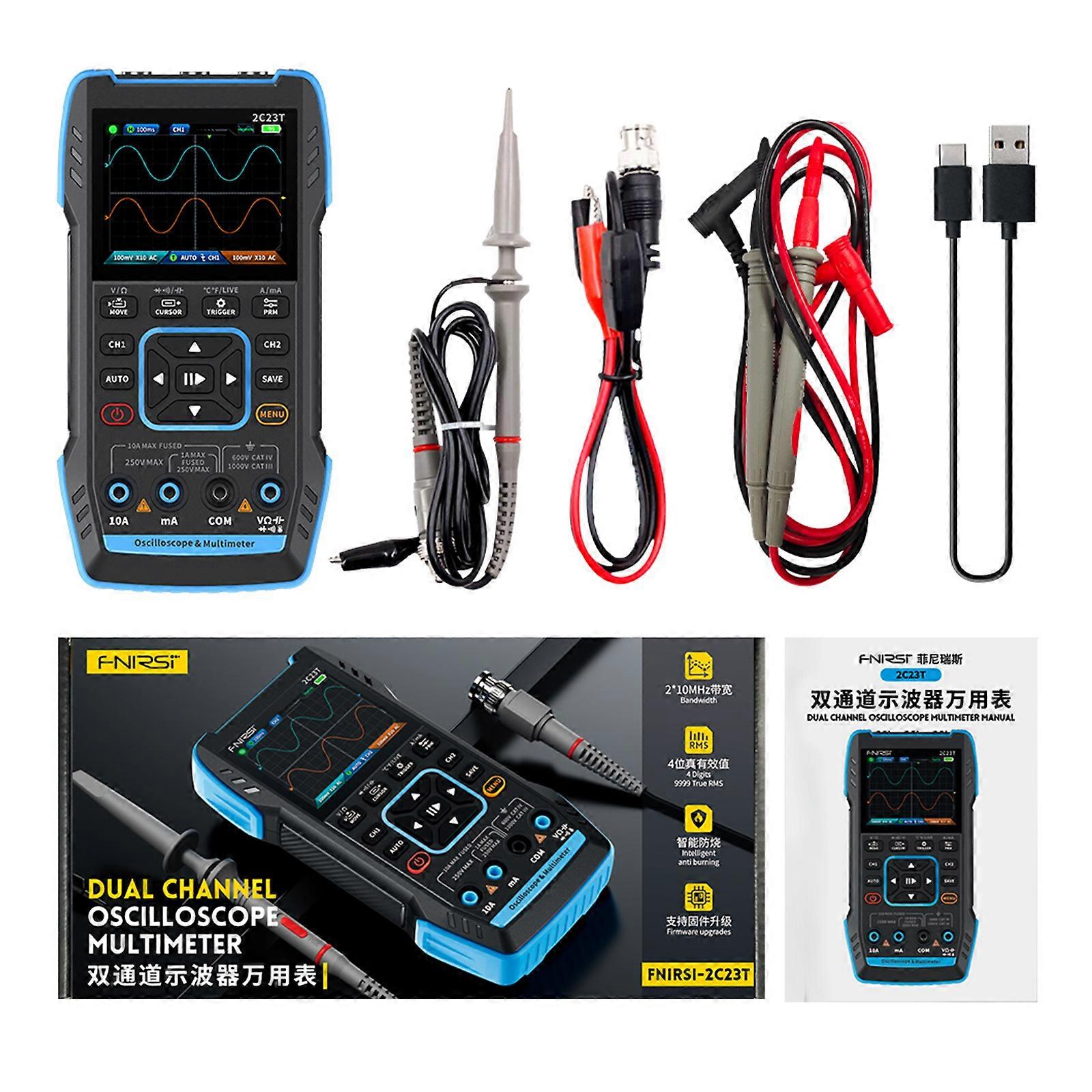 FNIRSI 2C23T Handheld 3-in-1 Digital Oscilloscope Multimeter with Dual-Channel Signal Generator 10MHz, 2.8" Color Display