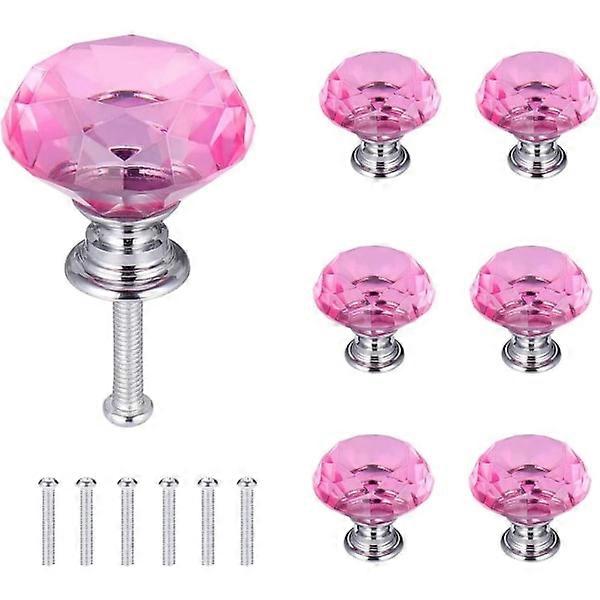 6pcs Crystal Door Knobs Drawer Knobs Diamond Pulls with Screws for Home Kitchen Office Drawer Decoration Pink 30mm