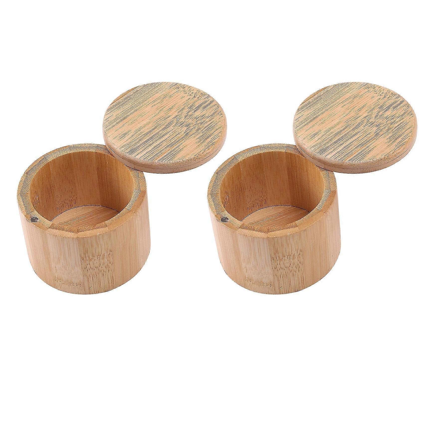 2 Pieces Bamboo Salt And Spice Storage Box With Magnetic Swivel Lid Round Bamboo Pepper Box Bamboo