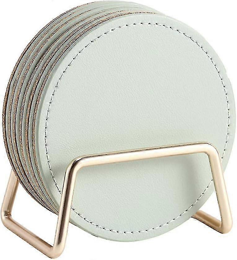 Set of 6 Green PU Leather Coasters with Metal Stand - Round Cork Base for Coffee Table