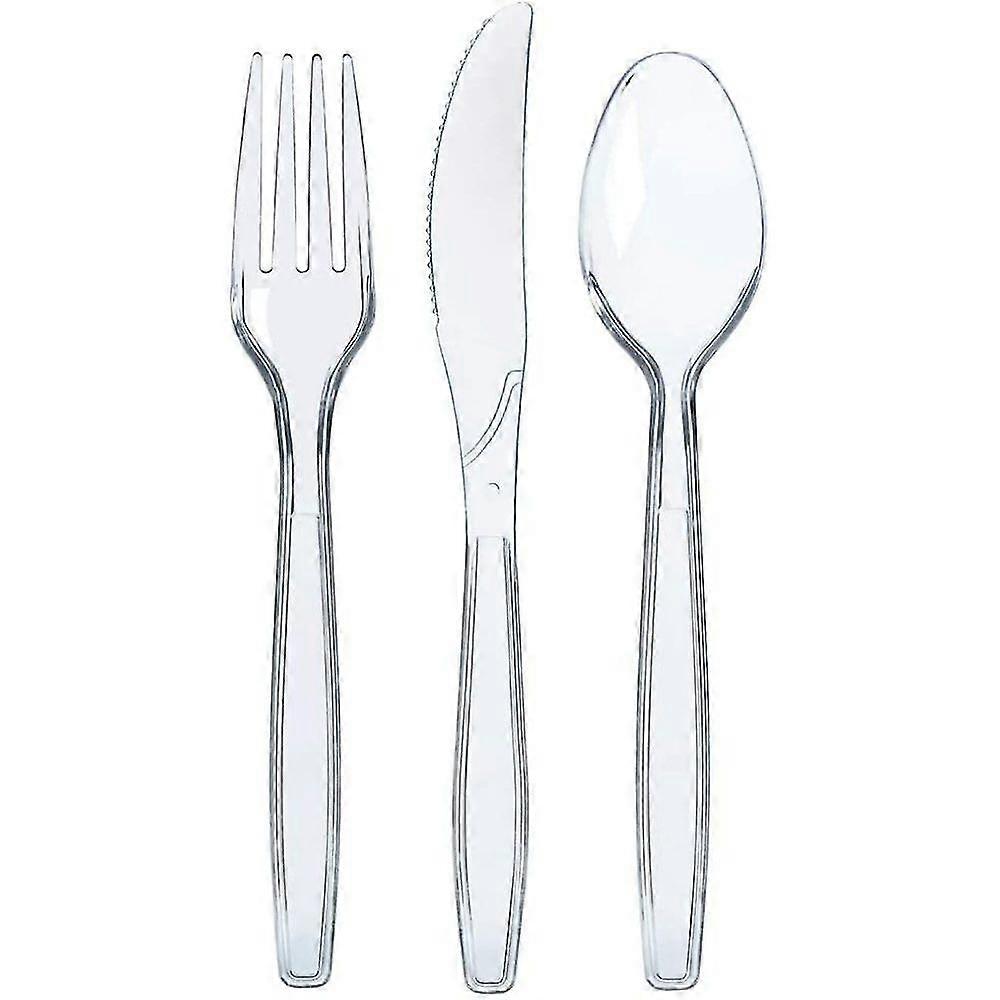 مجموعة أدوات فضية بلاستيكية شفافة 300 قطعة - مجموعة أدوات مائدة يمكن التخلص منها مع شوك وملاعق وسكاكين - مجموعة أدوات مائدة سائبة شديدة التحمل