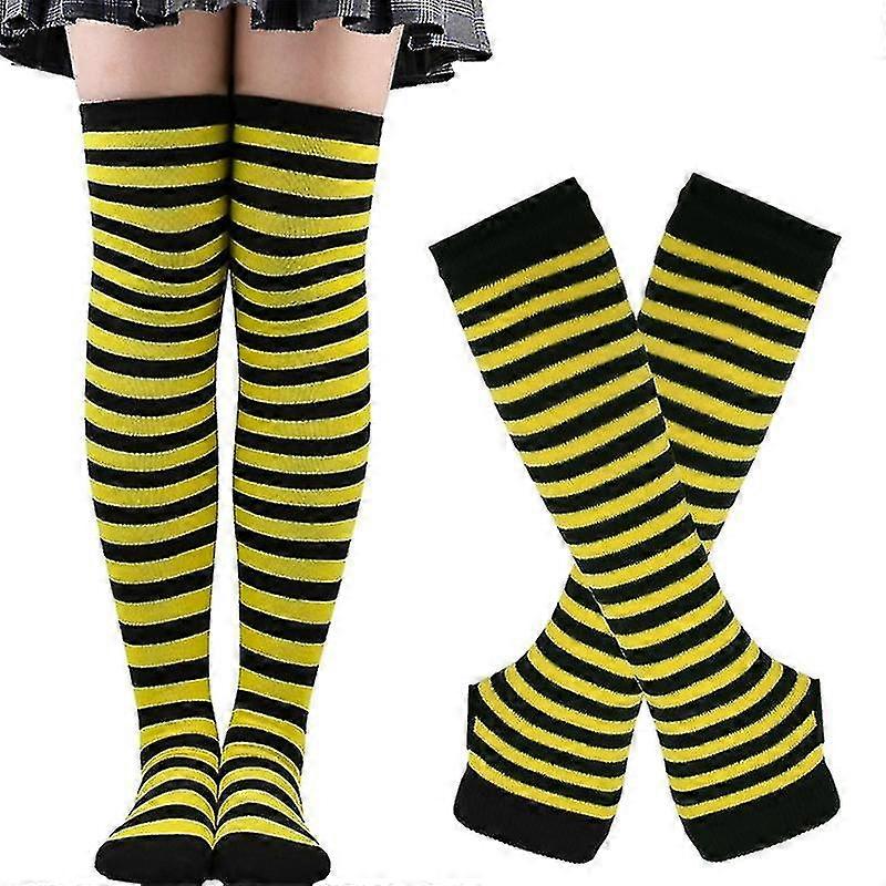 المرأة الجوارب الطويلة مخطط الذراع أكثر دفئا قفازات بلا أصابع تعيين لحزب Cosplay