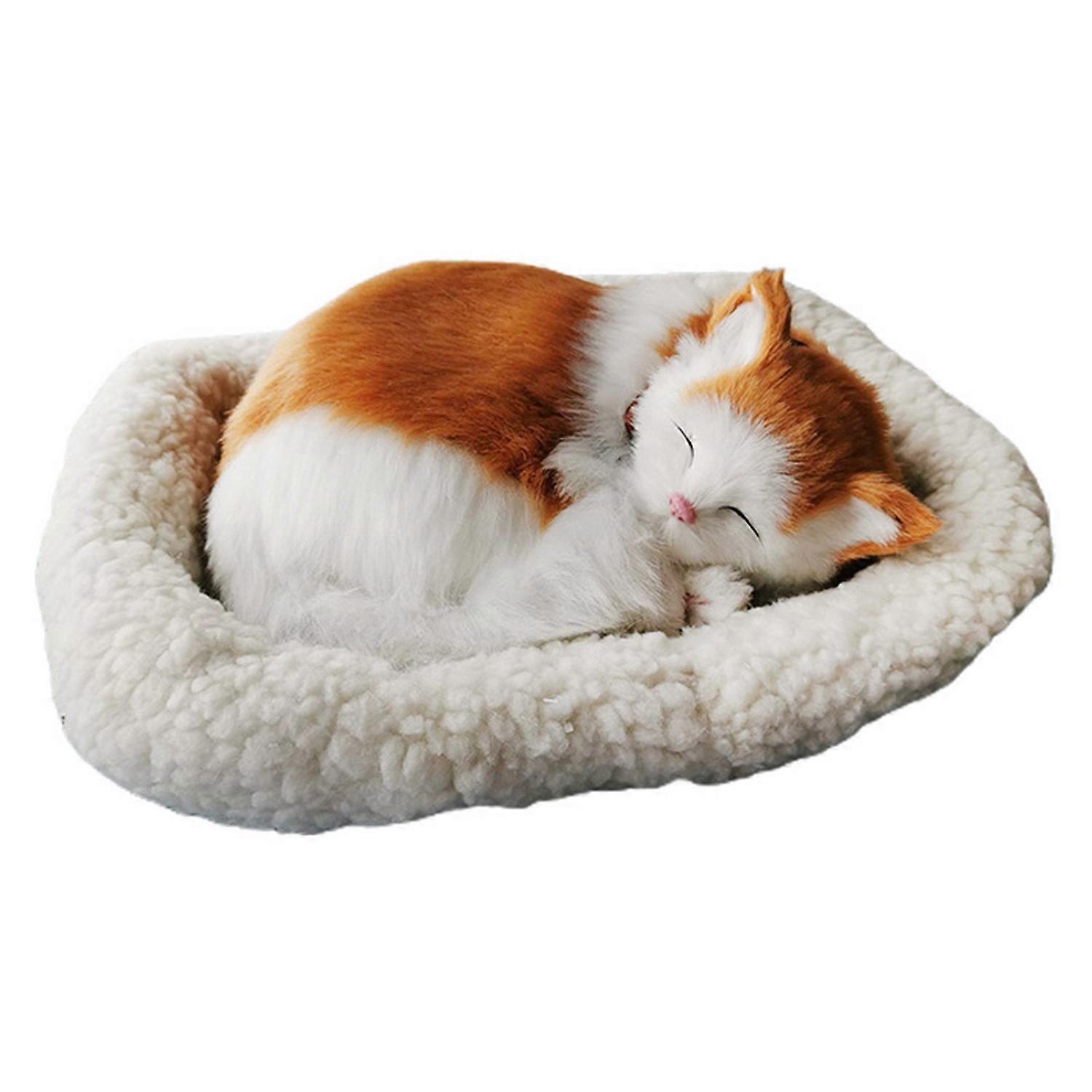 Breathing Sleeping Cat Toy with White Mat Battery Operated Simulated Artificial Fur Cat Ornament