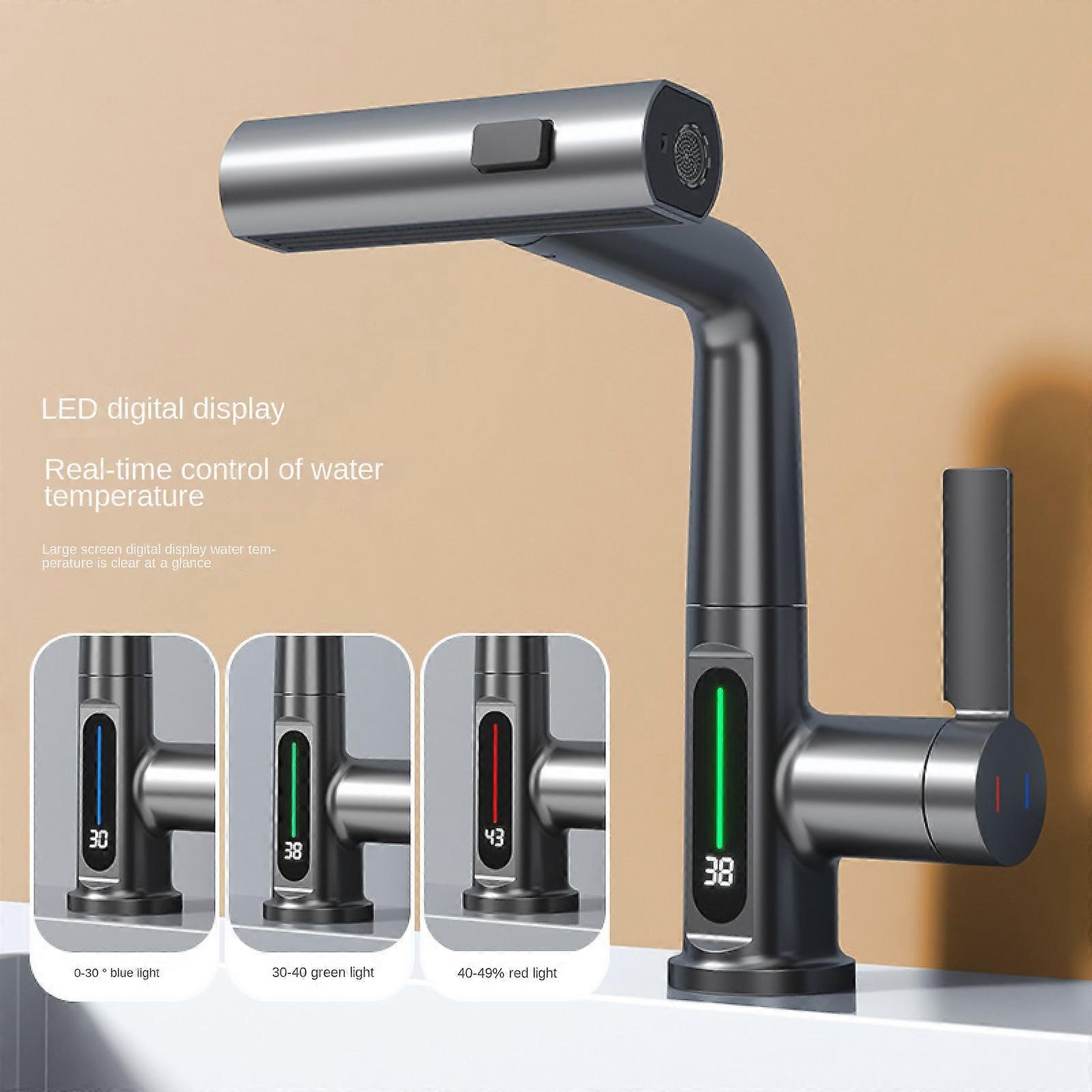 Bathroom Faucets with Temperature Display, Lift Up Down Waterfall Kitchen Faucet with Pull Down Sprayer, Single Handle Bathroom/Kitchen Sink Faucets f
