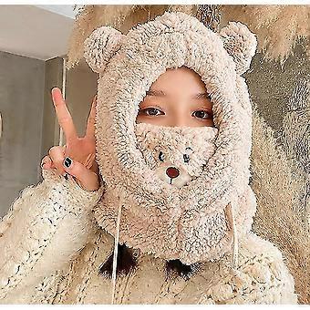 Cartoon Bear Ear Hat Lamb Cap With Warm Mask Winter Skullies Hat Earflap Balaclava Cap Gift For Women Girl
