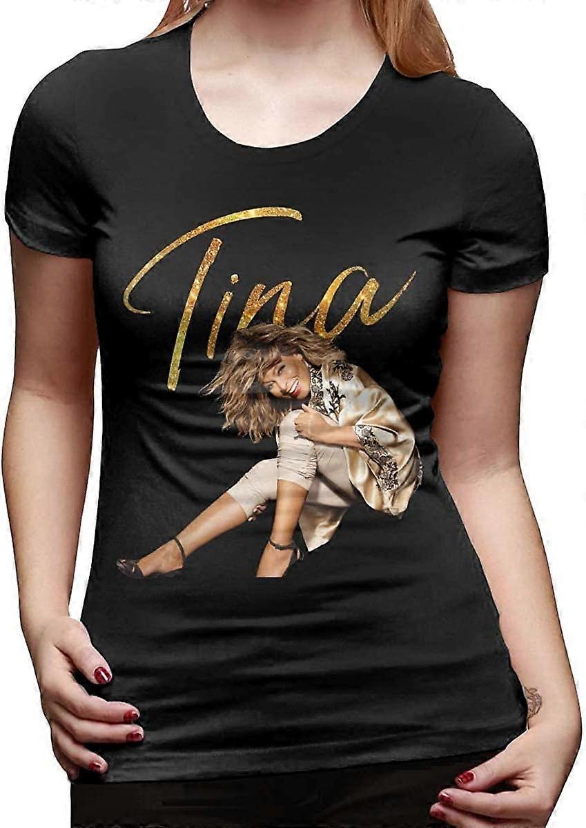تينا تيرنر نسائي تي شيرت قطن طباعة الرسم تي شيرت كم قصير - أسود