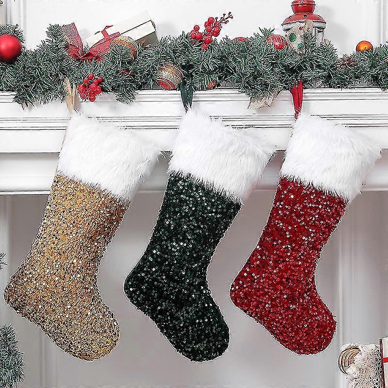 Sequin Christmas Stockings Set Of 3 20inch Large Sparkle Glitter Xmas Stocking With Plush Cuff Xmas Socks Tree Fireplace Hanging Ornament Family Holid