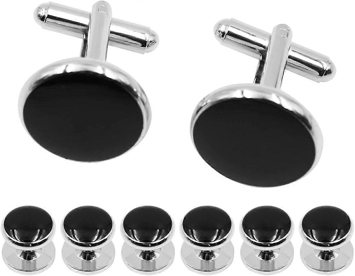 8pcs Men's Cufflinks Black Round High Quality Cufflinks and Tuxedo Earrings Set for Business Valentine's Day Birthday Wedding