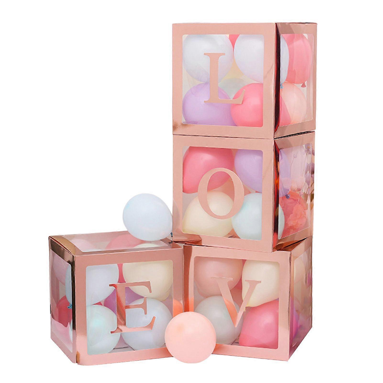 4 Pcs Balloon Box DIY Assembly Transparent Paper Box Balloon Box with Letters Reusable Stackable Cube Decorative Box for Party Wedding Birthday