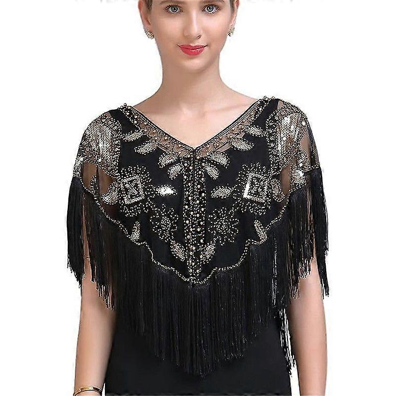 1920s Shawl Wraps Sequin Beaded Evening Cape Bridal Shawl Bolero Flapper Cover Up