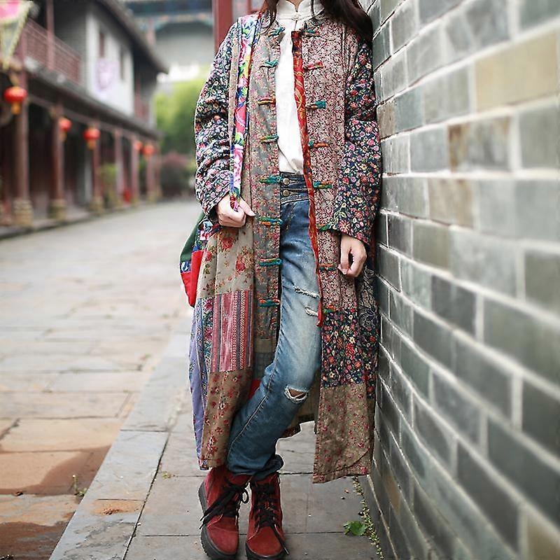 Johnature Kvinnor Tryck Blommig Trench Vintage Kappor Höst Stand Långärmad Lös Kappor
