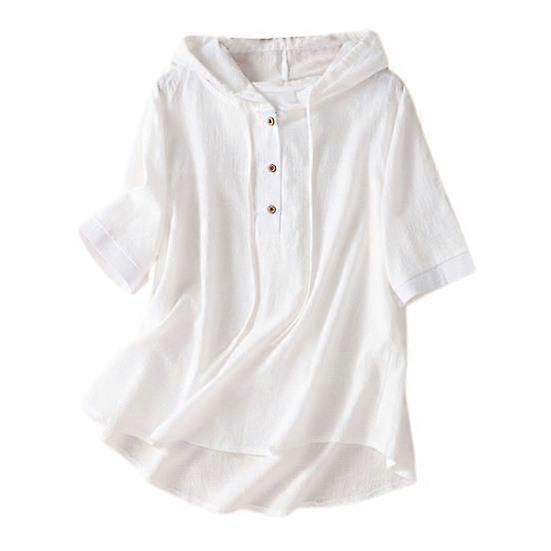 Women Solid Color T-shirt Hooded Buttons Half Placket Short Sleeve Pullover Tops Solid Color Drawstring Thin Loose Fit Blouse