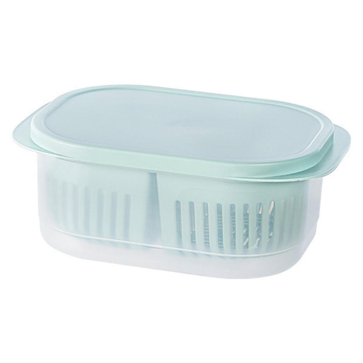 Refrigerator Storage Box with Detachable Drain Basket Dustproof Lid Clear Visible Double Layers