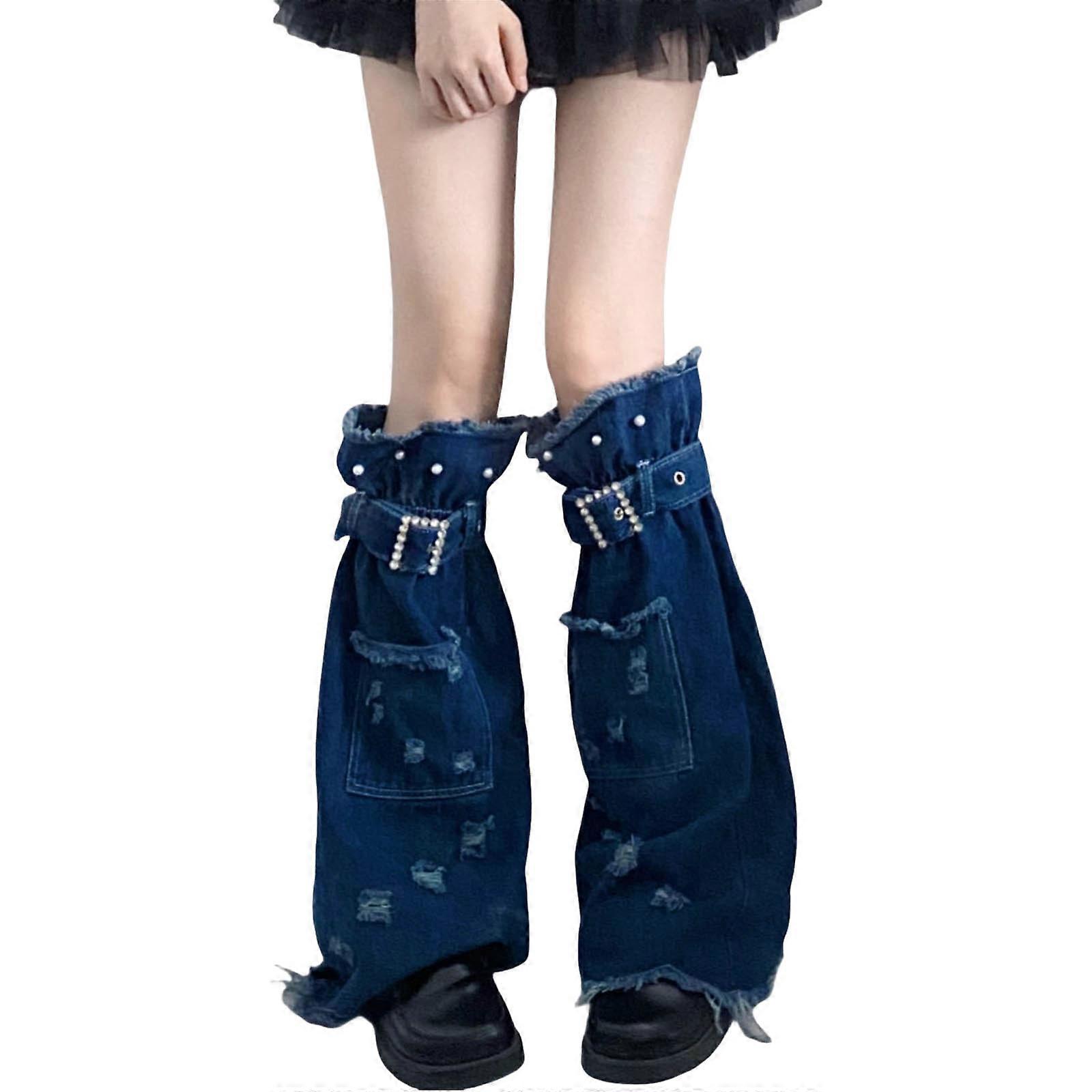 נשים פנינים שרוולי רגליים עם אבני חן אבזם הרג'וקו פאנק ג'ינס במצוקה מחמם רגליים מתרחב רופף גרביים ארוכות כחול