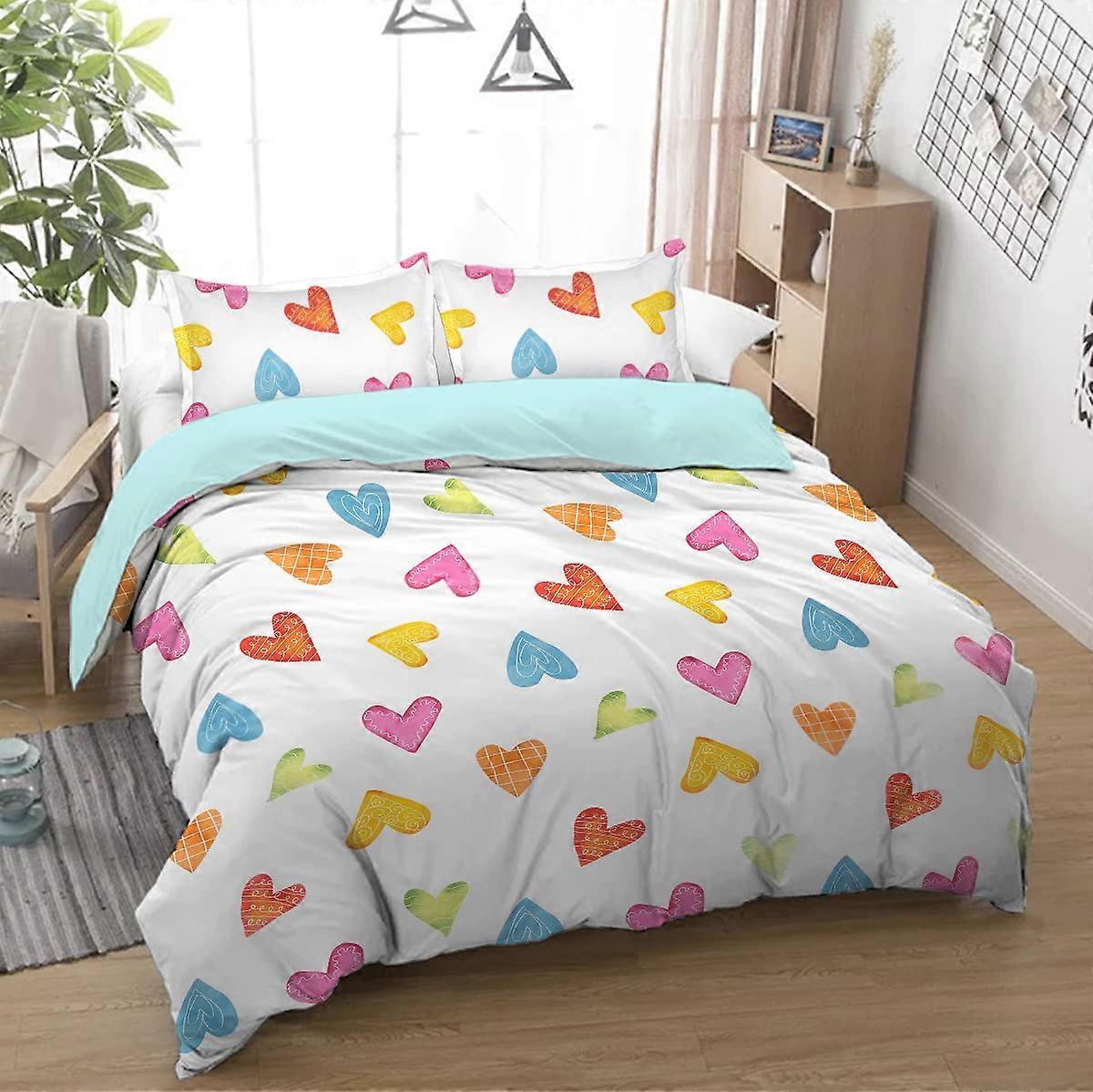 Duvet Cover Set 3 Piece Twin Size, Ultra Soft White With Colorful Heart Pattern, Heart Shaped Bedding For Women