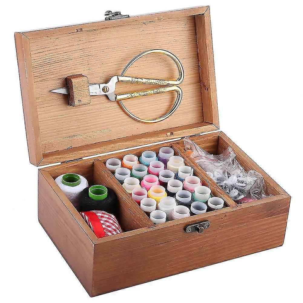 Wooden Sewing Box Vintage with Multifunction Needle Thread Storage Case - DIY Sewing Knitting Tool Kit Pattern Tower