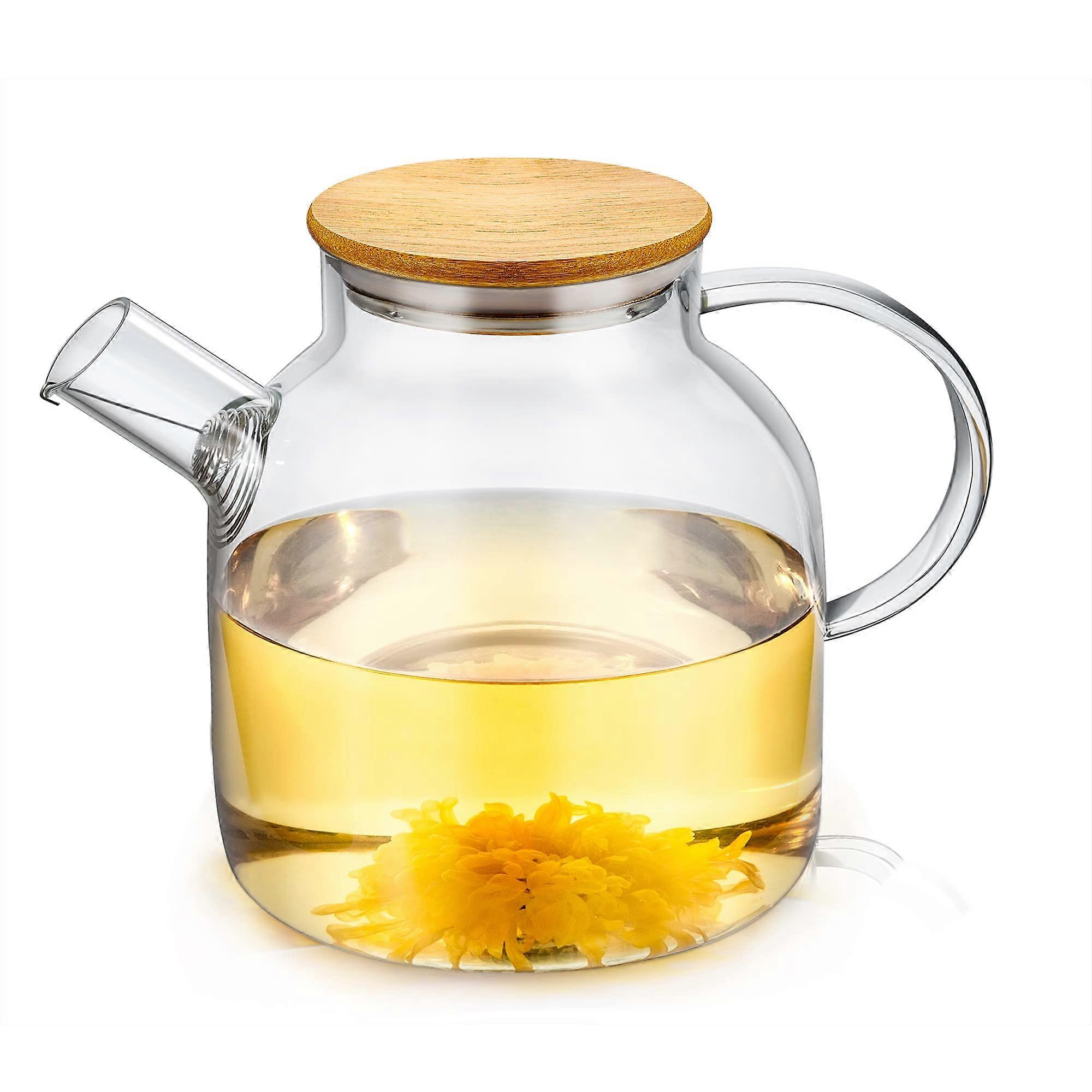 Glass Teapot 1500ml 50.7oz With Infuser and Bamboo Lid Stovetop Safe Clear Glass Pitcher for Loose Tea