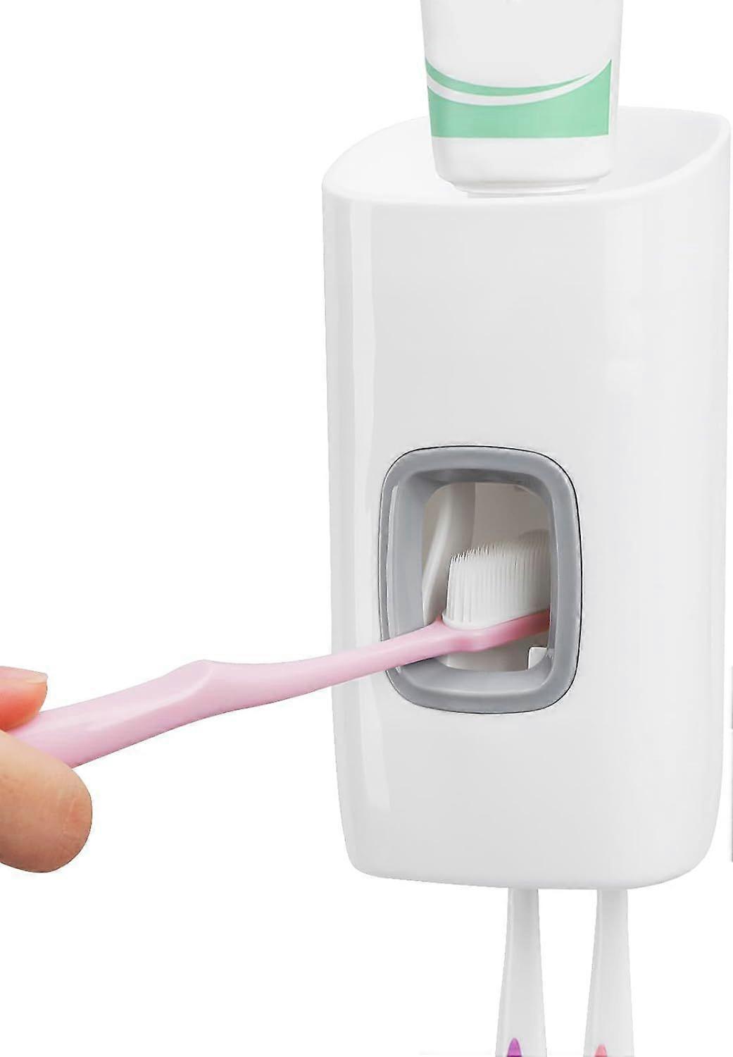 Wall Mounted Toothbrush Holder - Automatic Toothpaste Dispenser - Self Adhesive Storage Rack for Bathroom - White