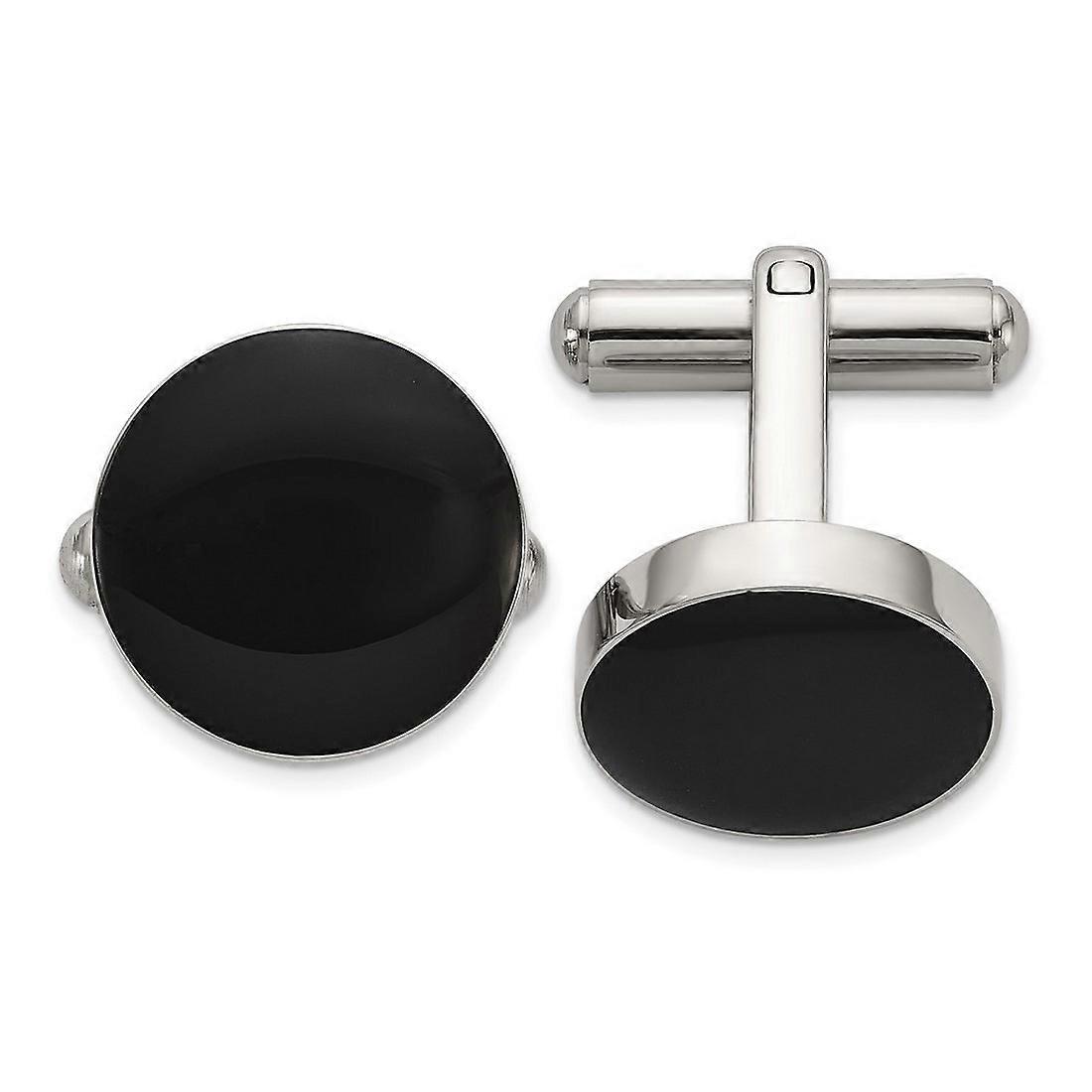 15mm Stainless Steel Polished With Black Enameled Center Cuff Links-Cuff Link for Men - 10.0 Grams