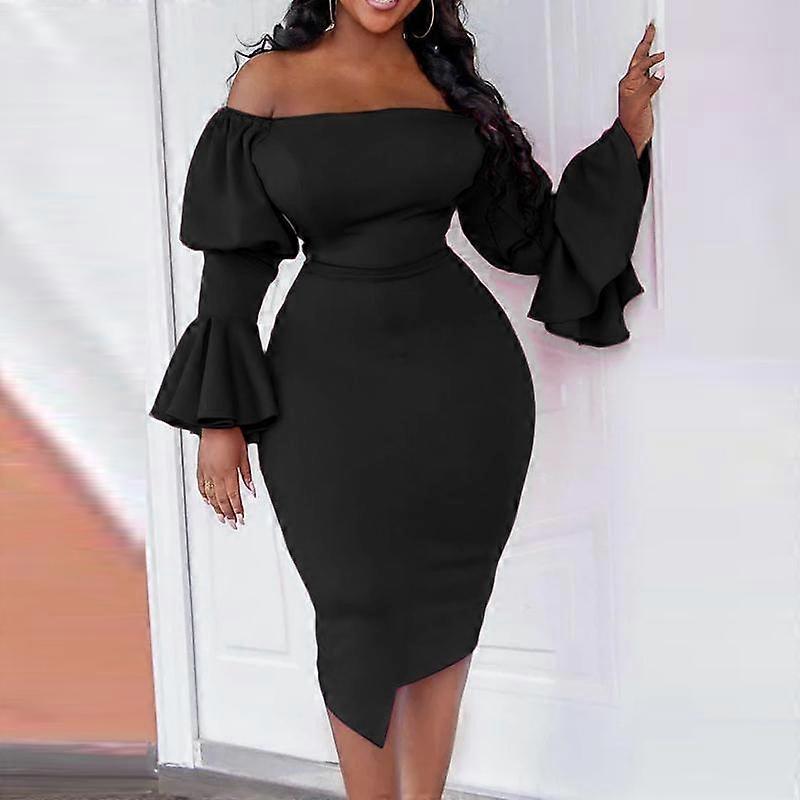 Women Off Shoulder Long Sleeve Solid Color Tight Fitting Dresses