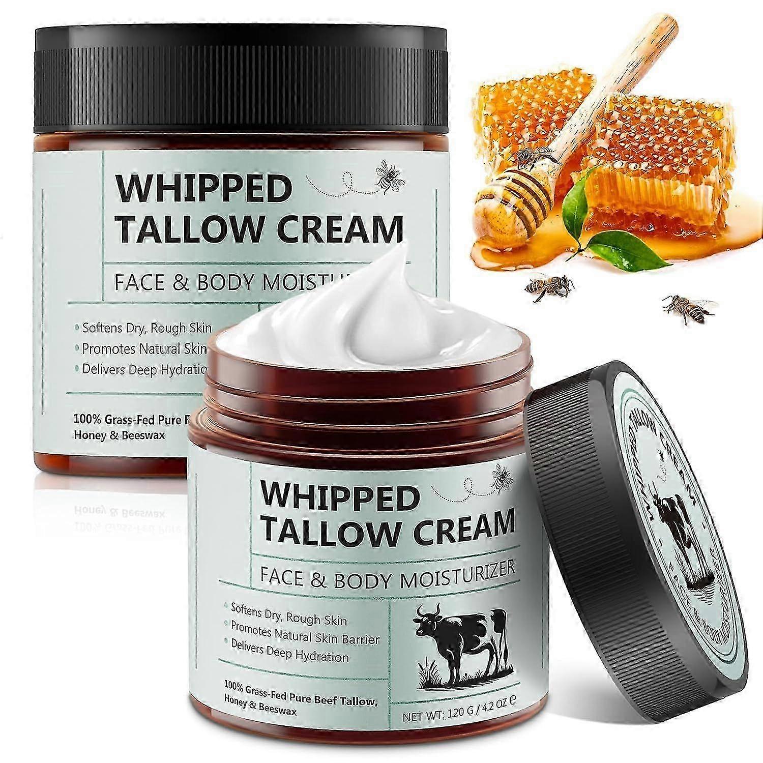 Whipped Beef Tallow for Skin, Organic Beef Tallow Moisturizer, Grass Fed Beef Tallow for Face and Body with Honey Beeswax, Deeply Moisturizes Face & B