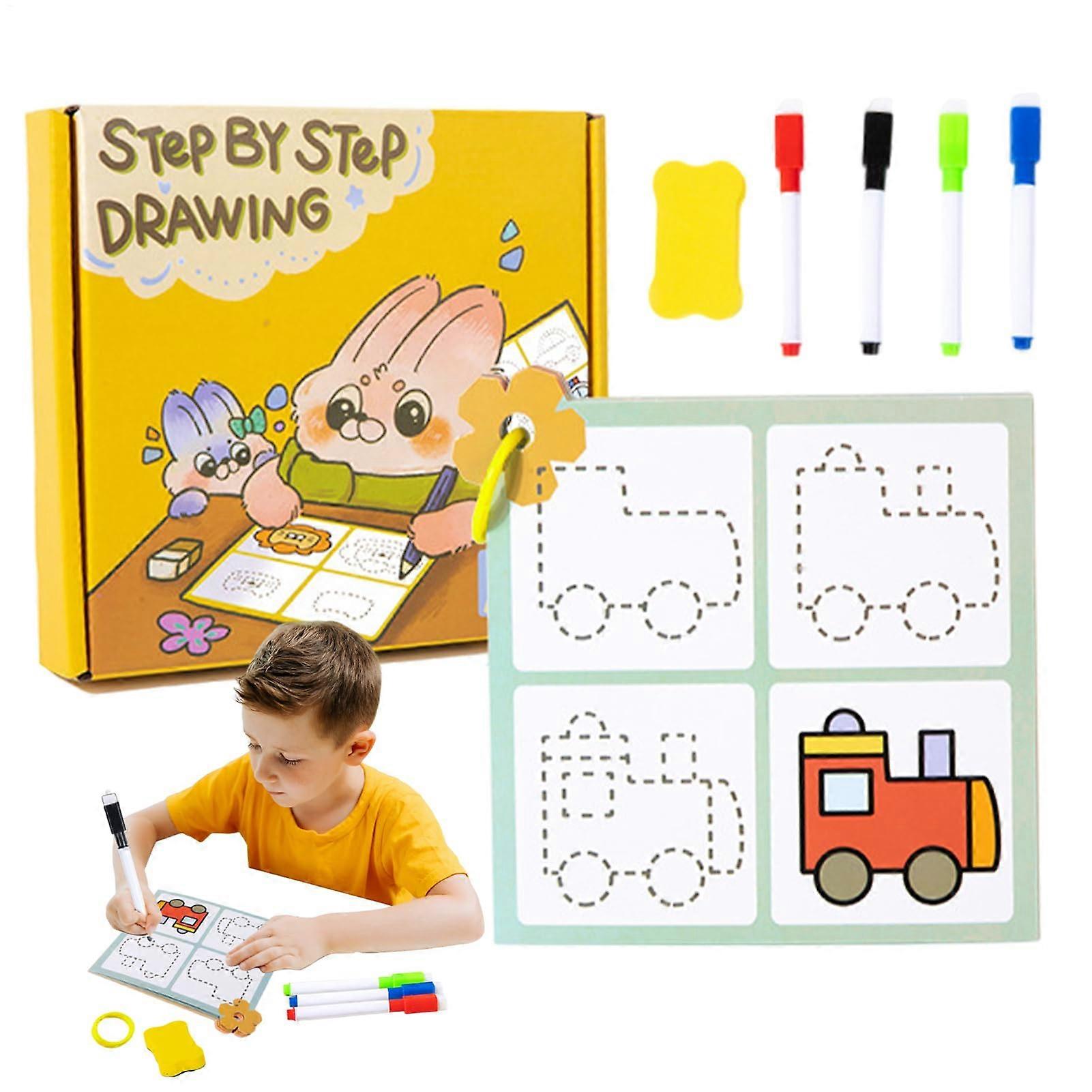 Write and Erase Book for Toddler, Portable Preschool Dry Erase Workbook, Learning Board for Kids, Stick Figure Drawing Cards